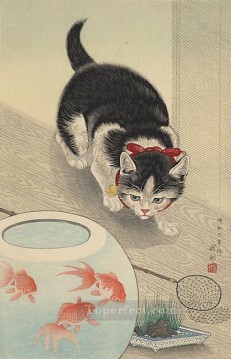 小原古邨 Painting - 猫と金魚鉢 1933年 大原古邨 新版画